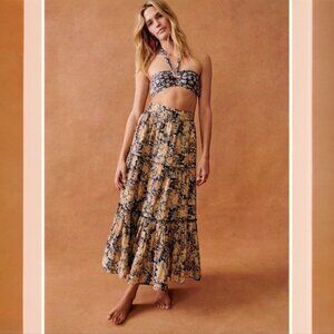 Sézane Sakura Floral Tiered Maxi Skirt 100% Cotton Country Flowers FR 44/US 12